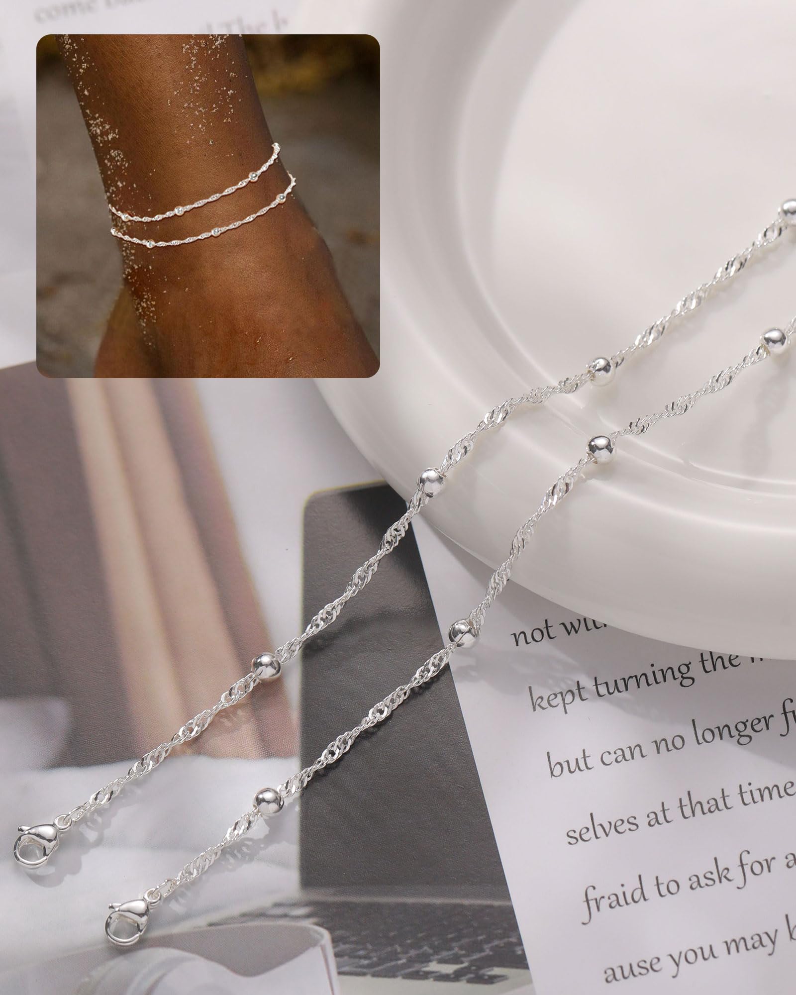 FUNEIA Gold Silver Ankle Bracelets for Women Waterproof 14K Gold Plated Anklets for Women Non Tarnish Dainty Layered Beaded Heart Anklet Set Summer Beach Foot Chain Jewelry Gifts Trendy Stuff
