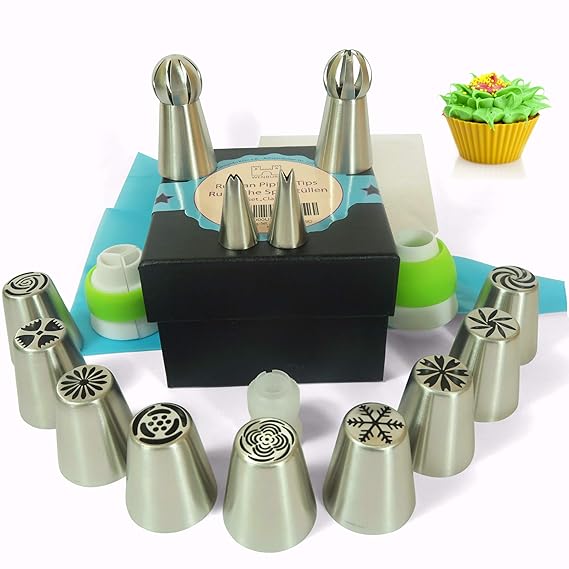 Wenburg 38tlg.-Set. Russische Edelstahl Spritztüllen: 11 große Tüllen, 2 Blätter, 3 Adapter, 1 Silikon und 20 Einweg Spritzbe