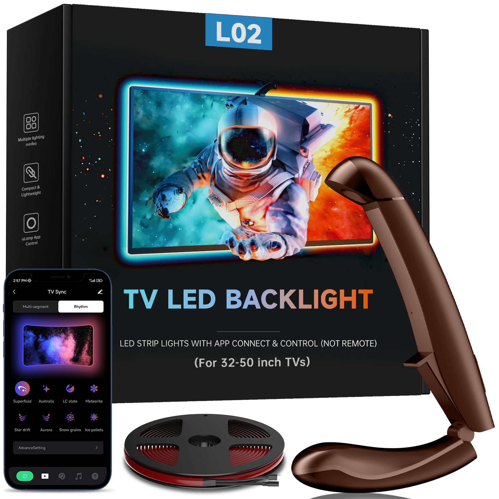 Photo 1 of QTU TV LED Backlight with Sensor, 14.2ft Cuttable RGB Strip Lights for 52-62 Inch Screen & PC Monitor, Smart App Control, Game and Music Sync Color that Changing
