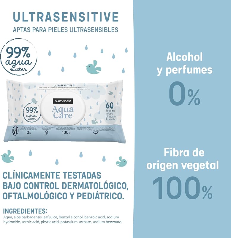 , Pack 60 Toallitas Bebé Aqua Care, Húmedas 99% Agua