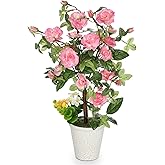 Hollyone Artificial Plants & Flowers in Vase Pink Camellia Roses Faux Flower Plant Arrangement with Pot Fake Rose Flowers Home Decor Office Bathroom Shelf Desk Table Decoration