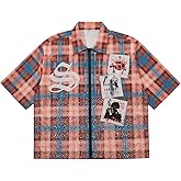 GORGLITTER Men's Plaid Cropped Shirt Gingham Zip Up Boxy Y2k Graphic Short Sleeve Streetwear Crop Tops Tee