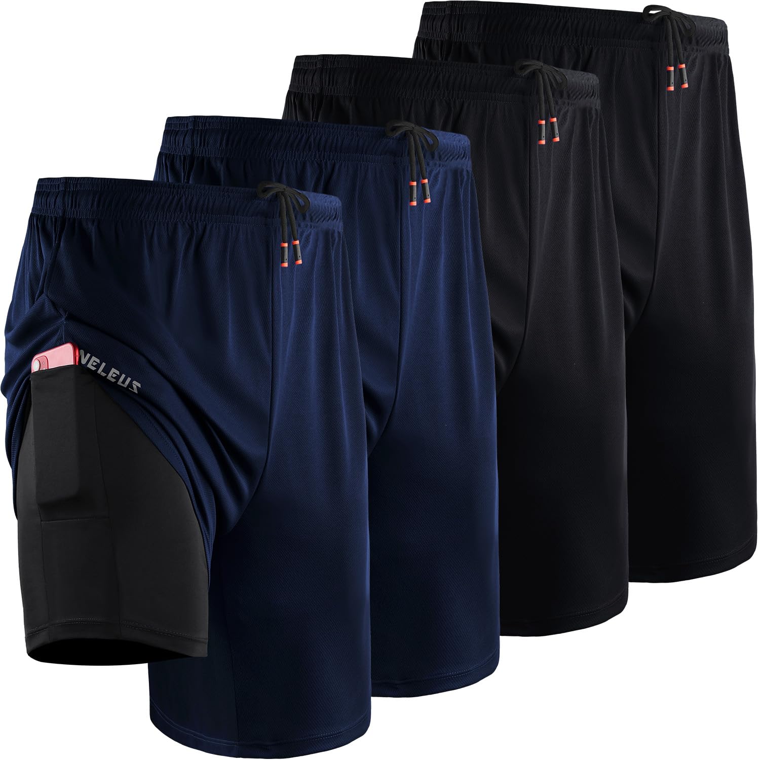 Photo 1 of NELEUS 2 in 1 Athletic Shorts for Men 9" Dry Fit Workout Running Shorts with Pockets,6150,4 Pack,Black, Black, Navy Blue, Navy Blue,XL