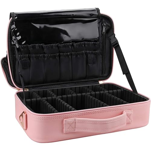 Relavel Makeup Bag Travel Makeup Train Case 13.8 inches Large Cosmetic Case Professional Portable Makeup Brush Holder Organizer and Storage with Adjustable Dividers (Pink)