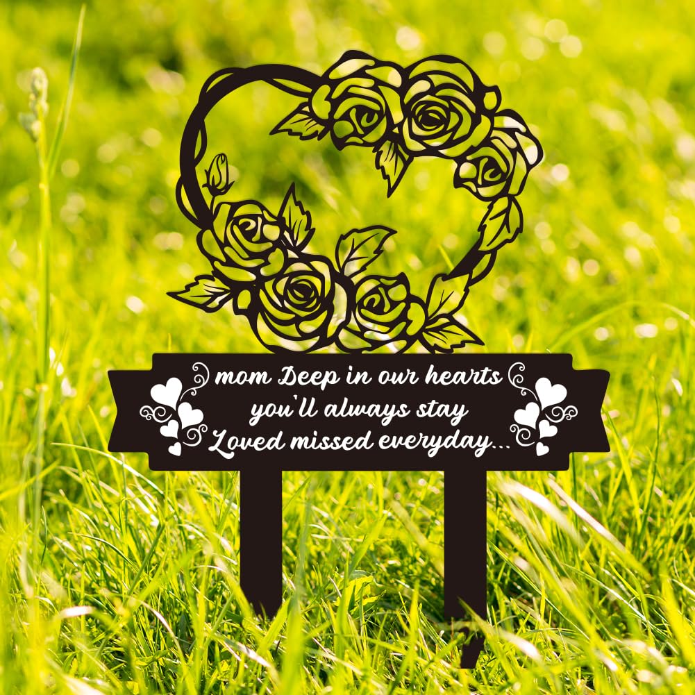 BEUNITONE Mom Heart Memorial Grave Marker 10.6" x 13.7" Metal Plaque with 2 Stakes for Cemetery or Garden
