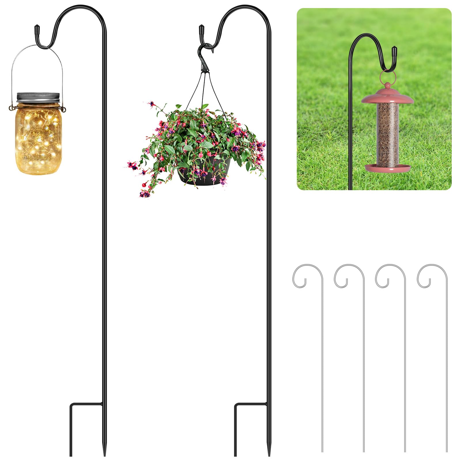 OFFCUP Shepherds Crook Hooks, 2pcs 75cm Bird Feeder Pole with Base, Adjustable Height Shepherds Hooks with 4pcs Place Card Holders, Bird Feeders Hanging Station for Garden Lights, Bird Feeder ect