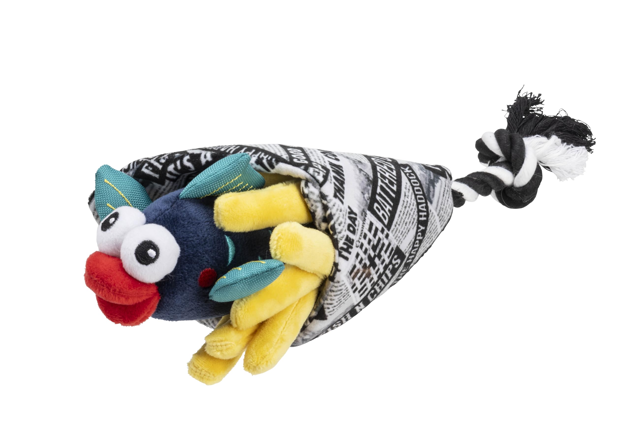 House of Paws Fish and Chips Rope Dog Toy - Plush Toy with Animated Features and Rope