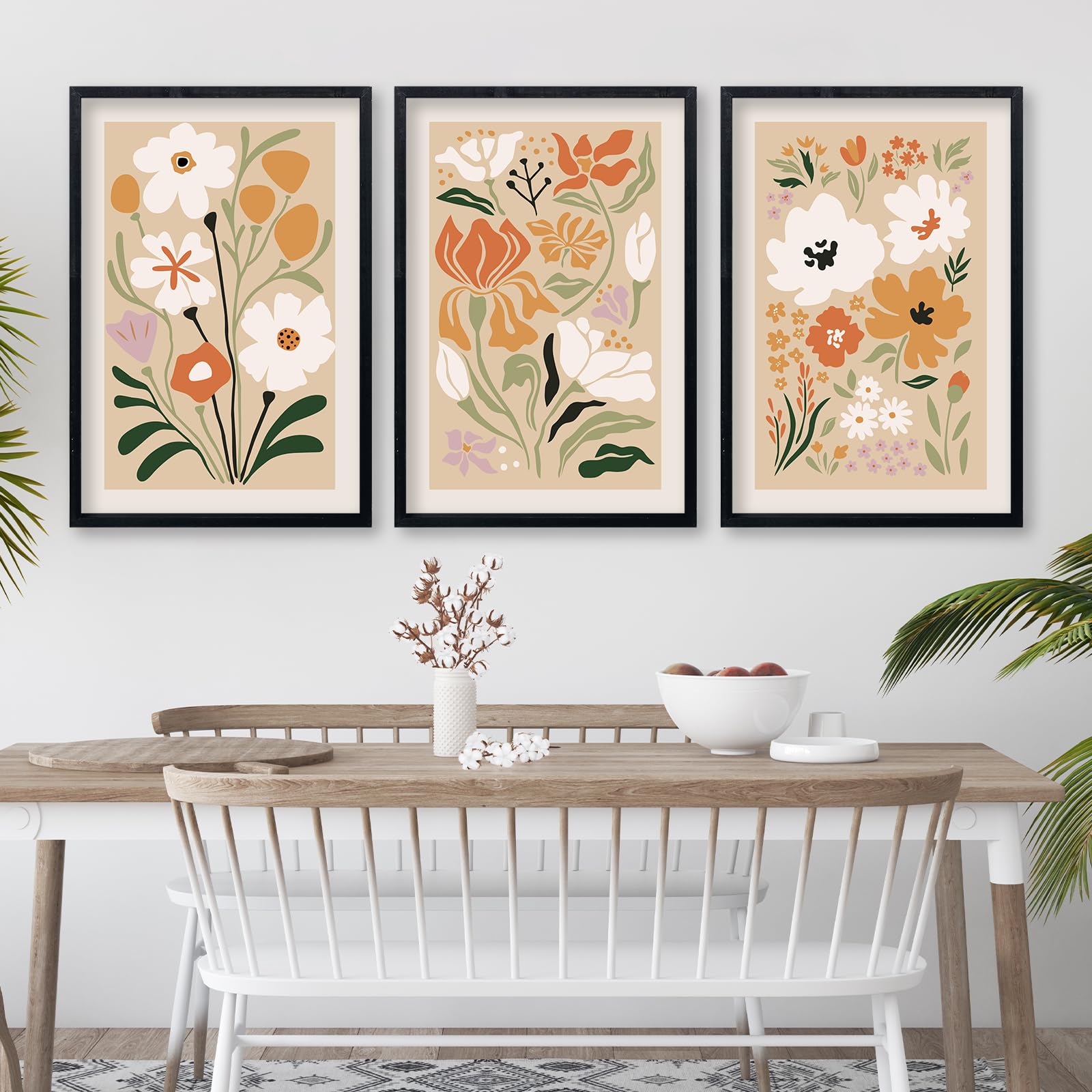 Boho Flowers Plant Wall Art Sign Set of 3 16"x24" Mid Century Modern ...