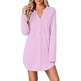 Vrtige Women's Striped Nightshirt Button Down Long Sleeve Nightdress Nightgown with Pocket