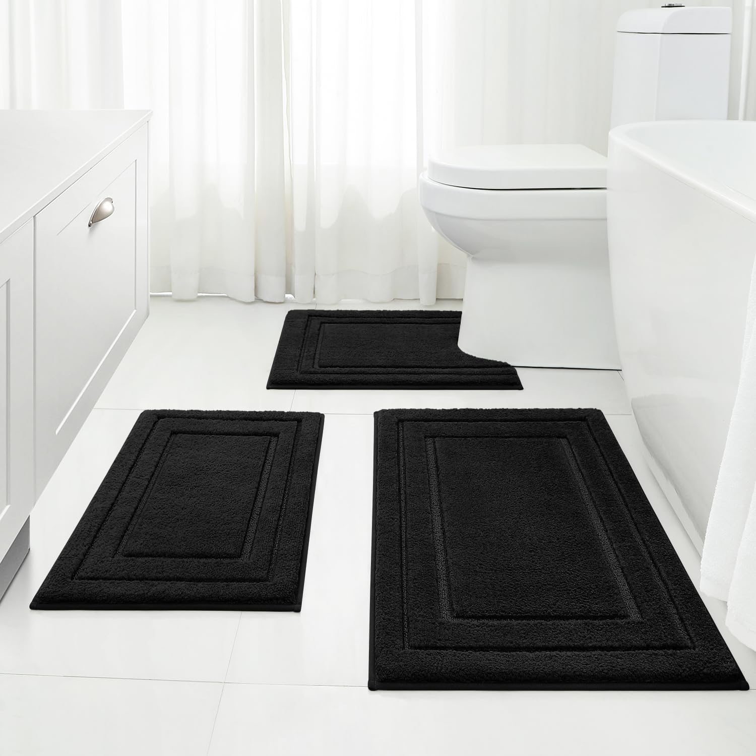 Photo 1 of HOMEIDEAS Bathroom Rugs Sets 3 Piece, Super Soft and Absorbent Non Slip Microfiber Toilet Bath Mat with U-Shaped (Black)