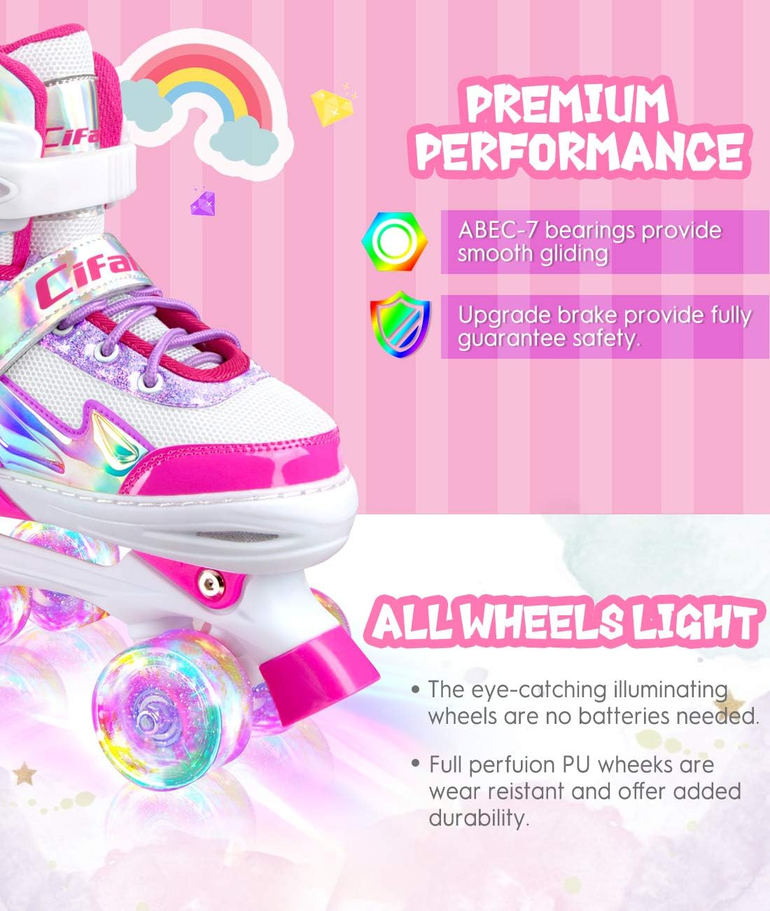 4 Sizes Adjustable Roller Skates with Light up Wheels and Shining Upper