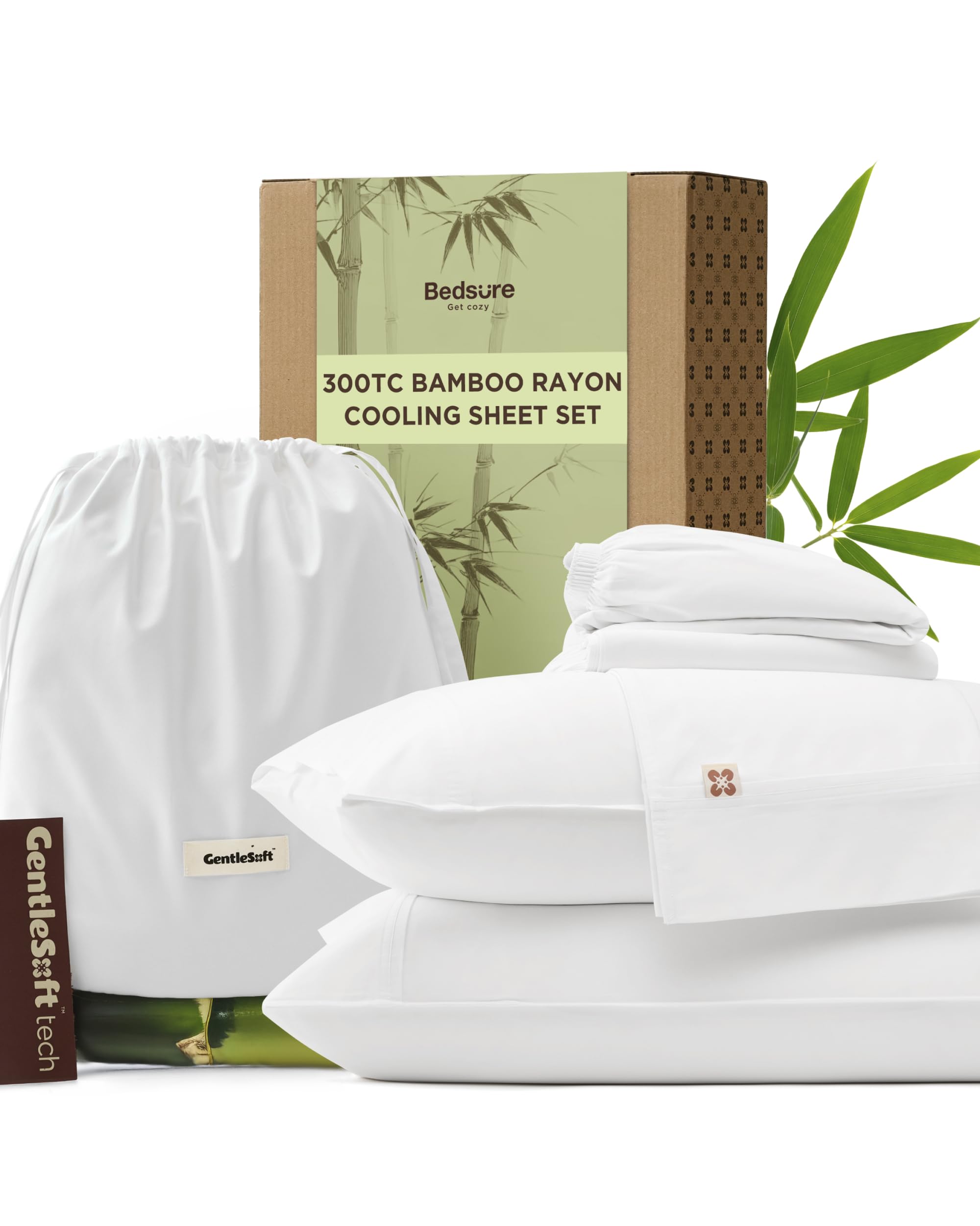Photo 1 of Bedsure Cooling Sheets, Rayon Derived from Bamboo & Cotton Blend, GentleSoft, Breathable, Queen Sheet Set, Deep Pocket Up to 18 Inches, Hotel Luxury Bedding for Hot Sleepers, White