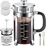 Veken French Press Coffee Tea Maker (34 oz), 304 Stainless Steel Coffee Press with 4 Level Filtration System, Thickened Heat 