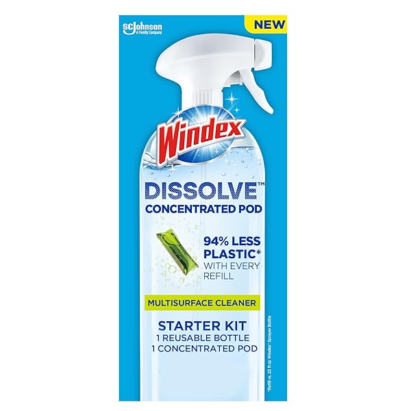WINDEX DISSOLVE CONCENTRATED PODS, MULTISURFACE CLEANER STARTER KIT CONTAINS 1 REUSABLE BOTTLE, 1 CONCENTRATED DISSOLVABLE POD
