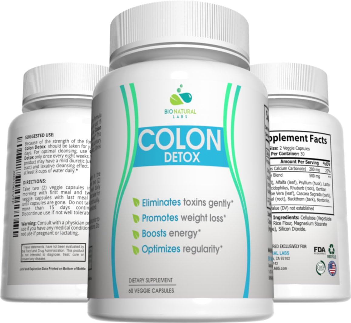 Colon Detox 15-Day Cleanse, 100% All Natural Digestive Health Support, Psyllium Husk Appetite Suppressant and Weight Loss Pills (60 Capsules, 15 Day Supply)