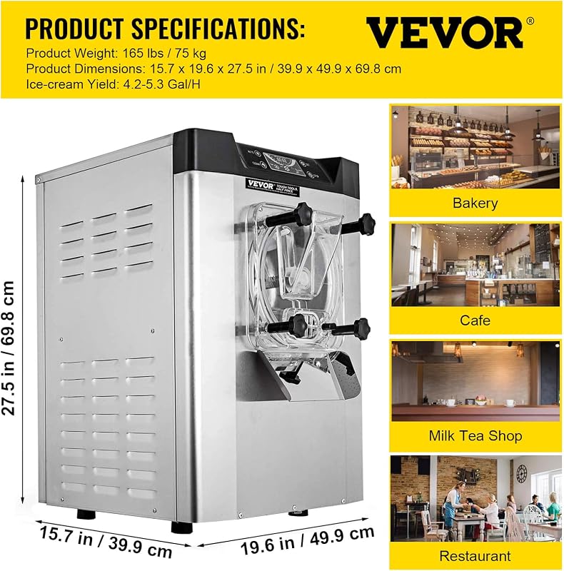 Máquina Helados Blandos YKF-618,16-20 L, Máquina de Helado de Servido Suave Acero Inoxidable 304, Heladeras Hacer Helado Cremoso, PVC de Grado Alimenticio Panel LCD Inteligente, 40 x 50 x 70 cm