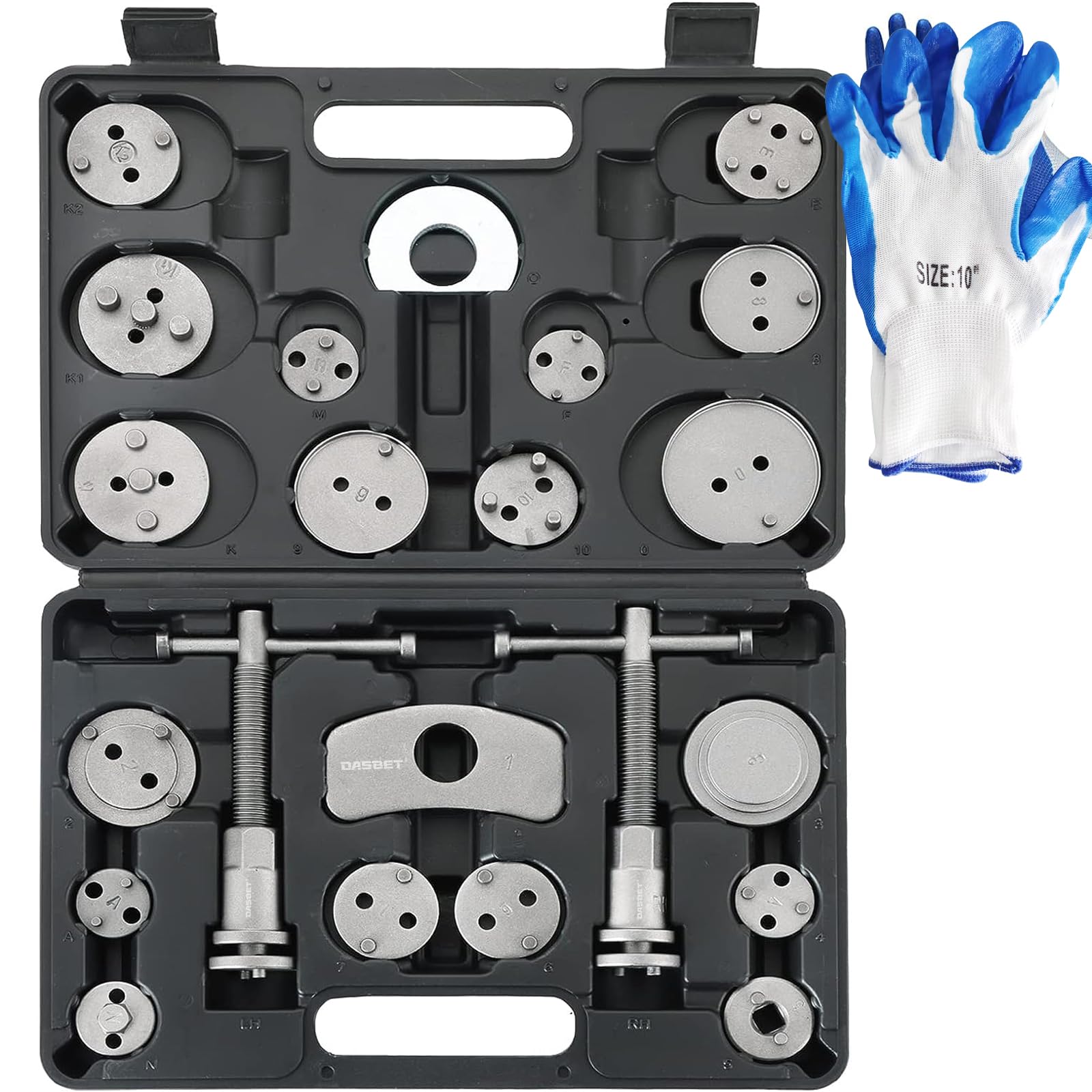 DASBET 24PCS Heavy Duty Disc Brake Caliper Tool Set and Wind Back Kit for Brake Pad Replacement Front & Rear Brake Piston Rewind Tool with Storage Case & One Pair of Glove(Black)