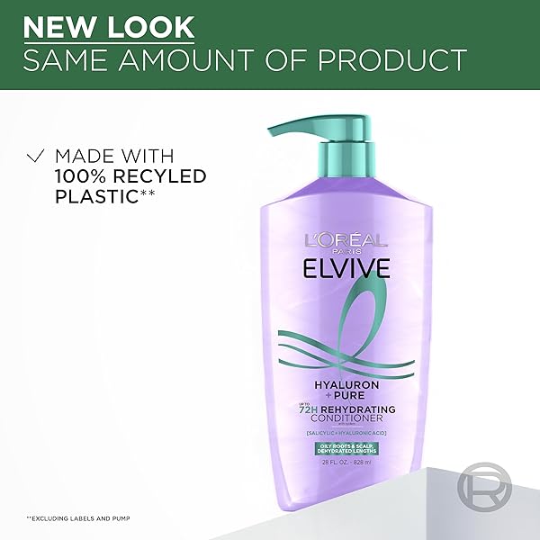 L’OREAL PARIS ELVIVE HYALURON + PURE 72H REHYDRATING CONDITIONER FOR OILY HAIR, HAIR CONDITIONER WITH SALICYLIC AND HYALURONIC ACID, 28 FL OZ