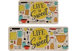 DECORHUA Life is Sweet Kitchen Mats Set of 2, Comfort Standing Mats Non Slip Washable Kitchen Runner Rug Cooking Sets The Decorative Carpet for Home Kitchen Floor Mat - 17x29 and 17x47 Inch