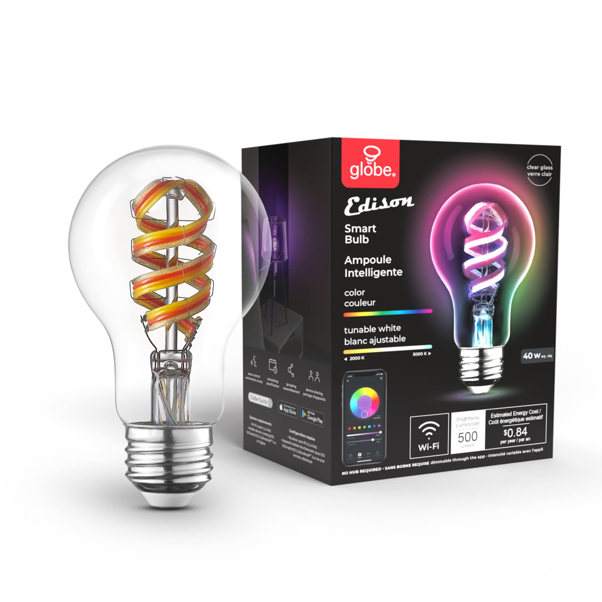 Photo 1 of GLOBE Electric 35850 Wi-Fi Smart 7W (40W Equivalent) Spiral Filament Multicolor Changing LED Light Bulb, No Hub Required, Voice Activated, 2000K - 5000K, A19 Shape, E26 Base, Vintage Edison