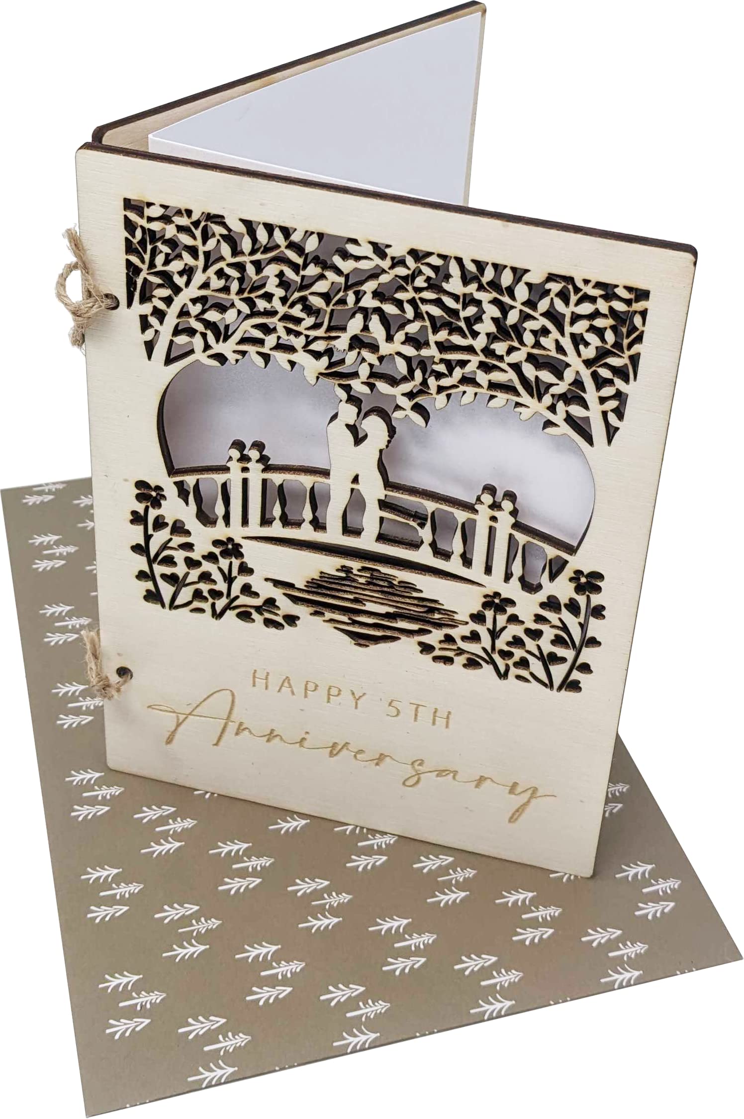 Wooden Anniversary Card with Loving Couple on a Bridge Detailed Carving (5 Year Anniversary)