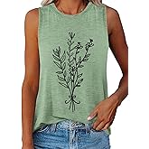 ORANDESIGNE Womens Flower Print Crewneck Tank Tops Graphic Curved Hem Sleeveless Tops Summer Casual Loose Fit Shirts