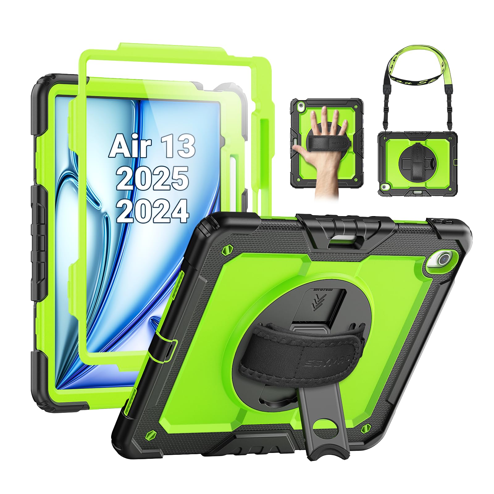 Photo 1 of SEYMAC for iPad Air 13 Inch Case M3 2025/ M2 2024, Heavy Duty Shockproof Protective Case with Screen Protector, 360° Rotating Stand, Hand/Shoulder Strap and Pen Holder for iPad Air 13, Green
