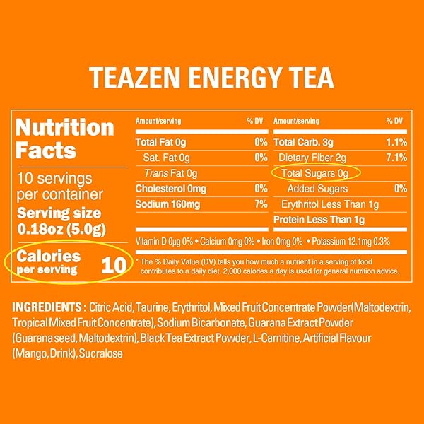 TEAZEN ENERGY DRINK POWDER, 70MG NATURAL CAFFEINE WITH BLACK TEA EXTRACT, TAURINE & L-CARNITINE, SUGAR-FREE ENERGY MIX FOR FOCUS & ENDURANCE, 10 ON-THE-GO PACKETS, 1.76OZ