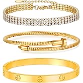 MVCOLEDY 18K Gold Plated Love Bangle Bracelet Set Cubic Zirconia Classic Stainless Steel Adjustable CZ Gold Tennis Love Bracelets Stack for women