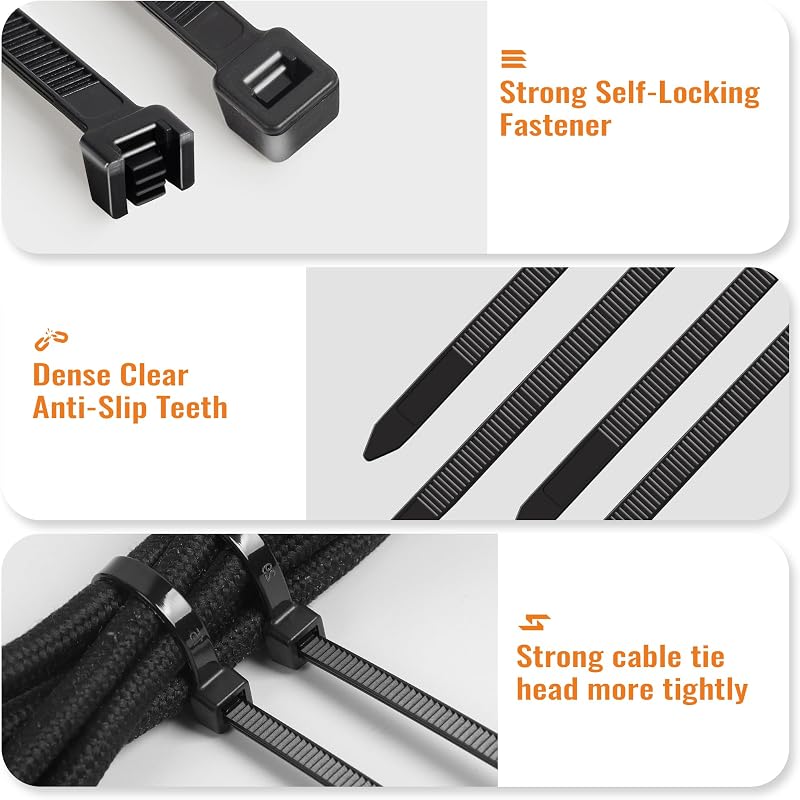 Kabelbinder Schwarz Set, Kabelbinder UV Beständig,Cable Ties Nylon Verschiedene Größen für Kabelmanagement,Gartenarbeit,Wohnen,Werkstätten (100/150/200/300 mm(1000 Stück))