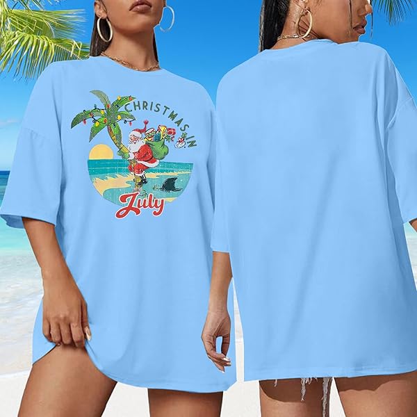 CHRISTMAS JULY SHIRT HAWAIIAN SHIRTS: WOMEN CHRISTMAS SANTA XMAS LIGHTS GRAPHIC TEE SUMMER BEACH VACATION OVERSIZED TOPS BLUE