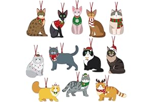 XYLOLFSTY 12pcs Christmas Cat Ornaments Wooden Kitty Hanging Ornaments with Christmas Hat and Scarf for Christmas Tree Winter Home Decor Cat Themed Gift for Cat Lovers