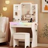 Vanity Desk with LED Lights Mirror &amp; Power Outlet, Small Makeup Vanity Table Set with Storage Drawers &amp; Chair, 3 Lighting Modes &amp; Adjustable Brightness, Dressing Table for Women Girls Bedroom, White