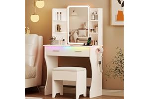 XIXINI Vanity Desk with LED Lights Mirror & Power Outlet, Small Makeup Vanity Table Set with Storage Drawers & Chair, 3 Lighting Modes & Adjustable Brightness, Dressing Table for Women Girls Bedroom, White