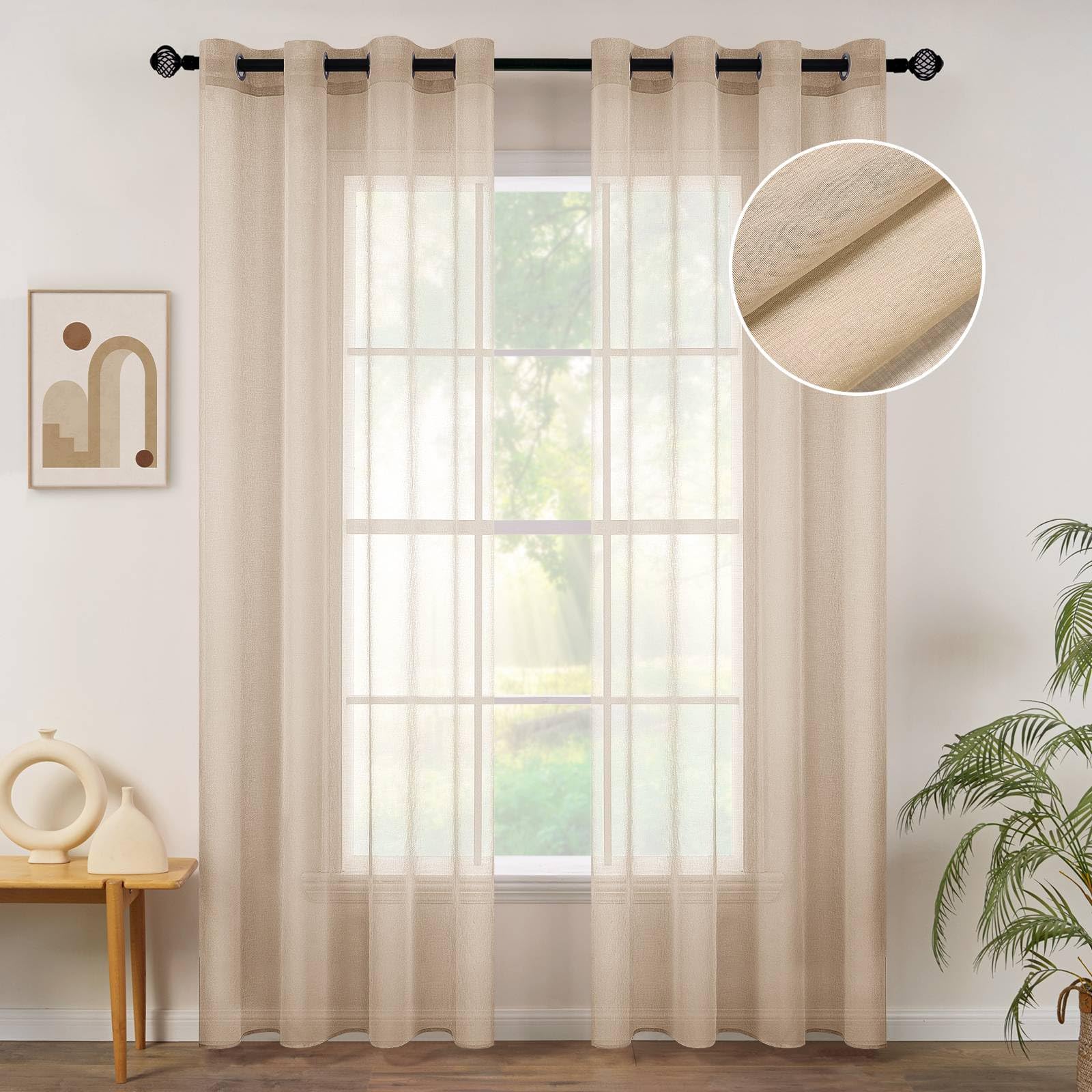 Photo 1 of MIULEE 2 Panels Beige Semi Sheer Window Curtains Elegant Grommet Top Window Voile Drapes/Treatment Linen Textured Panels for Bedroom Living Room (54X84 Inches)