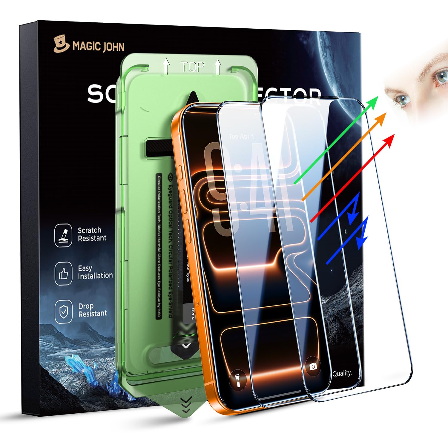 MAGIC JOHN 2 PACK for iPhone 17 Pro Max [6.9"] Eye Protection Screen Protector, HD Clear, Auto Dust-Elimination, 9H Tempered Glass & Scratch Resistance, Full Edge Coverage