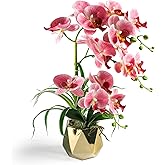 SAN MU Orchids Artificial Flowers, Fake Orchid Plants & Flowers in Vase, Faux Orchid in Pot for Home Decor Indoor,Pink Artificial Flowers with Gold Vase