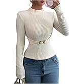 MakeMeChic Women's Business Casual Tops Mock Neck Cute Long Sleeve Tops Metal Decor Fitted Fall Clothes Apricot Medium