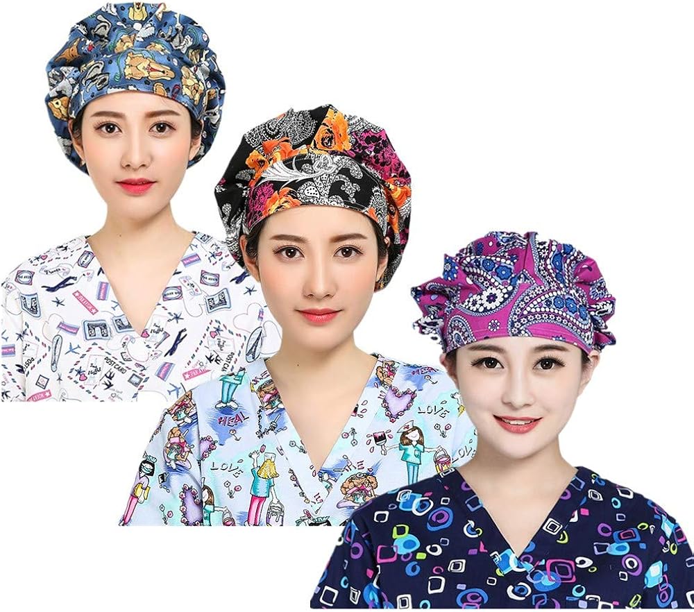 LTifree 3pc Women's Adjustable Bouffant Caps Hats Working Cap Sweatband Value Set Multi Color: Clothing