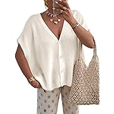 PRETTYGARDEN Womens 2026 Spring Oversized Cardigans Batwing Short Sleeve Lightweight Button V Neck Casual Knit Sweater Tops