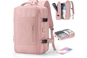 WONHOX Large Laptop Travel Backpack for Women Carry On Airline Flight Approved Expandable Work Personal Item size Backpack with laptop compartment for College Men Hiking Waterproof Mochila de Viaje Pink