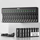 Bonai Rechargeable AA Batteries with Charger, 2800mAh High Capacity Pre-Charged Low Self-Discharge Leak Proof Double A Battery (16 Pack) & Smart Battery Charger with American AC Plug (16 Bay)