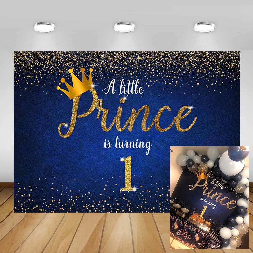 MEHOFOND 7x5ft Background Happy 1st Birthday Gold Dots Shining Blue Backdrop Crown Boy Prince Cake Table Banner Decor Photo Video Studio Photoshoot Photography Props