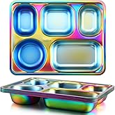 Tioncy 4 Pack Stainless Steel Kids Plates Rectangular Divided Tray 5 Sections Toddlers Dishes Dinner Balanced Bites Serving Platter for Lunch Dishwasher Safe, Rainbow