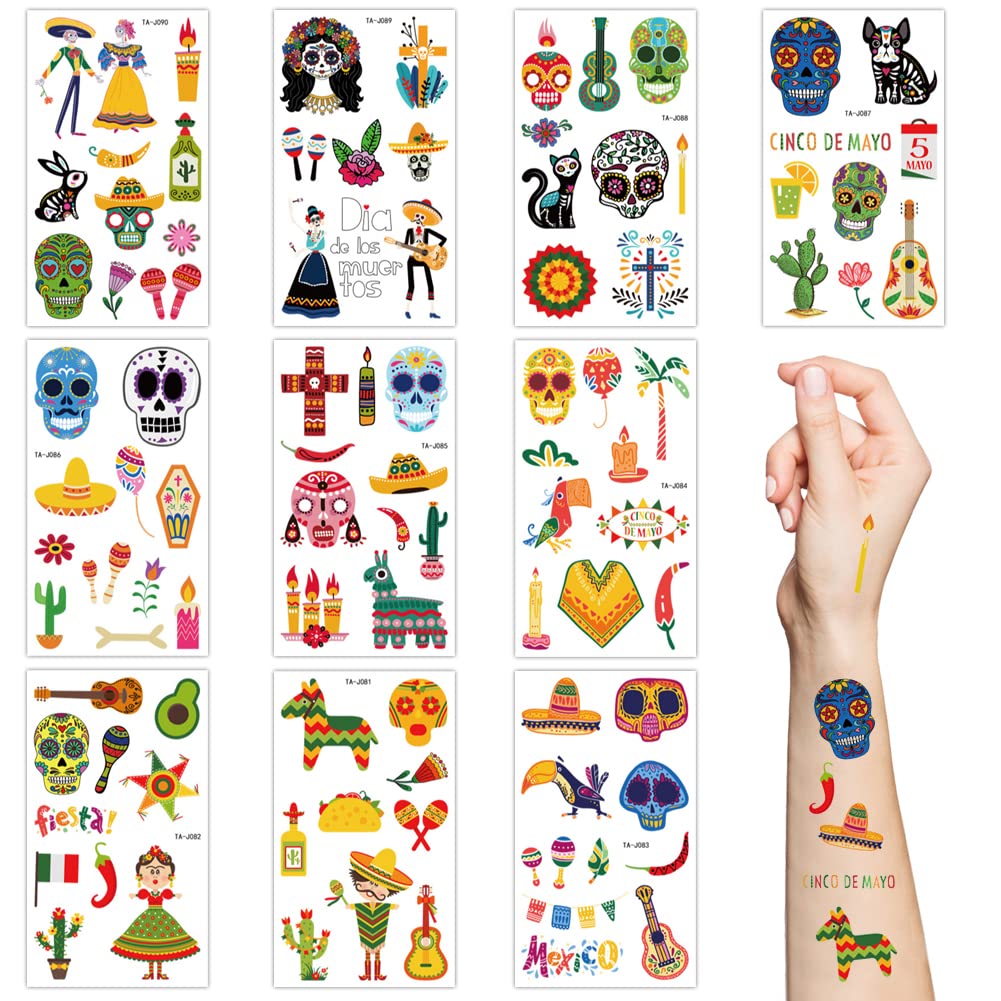 Halloween Temporary Tattoos for Kids,10 Sheets Mexican Fiesta Fake Tattoo Sticker,Sugar Skull Skeleton Cactus Tattoo Set for Girls Boys Halloween Cinco De Mayo Party Supplies