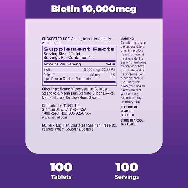 NATROL BEAUTY BIOTIN 10,000MCG VITAMINS FOR BEAUTY, 100 TABLETS, 100 DAY SUPPLY