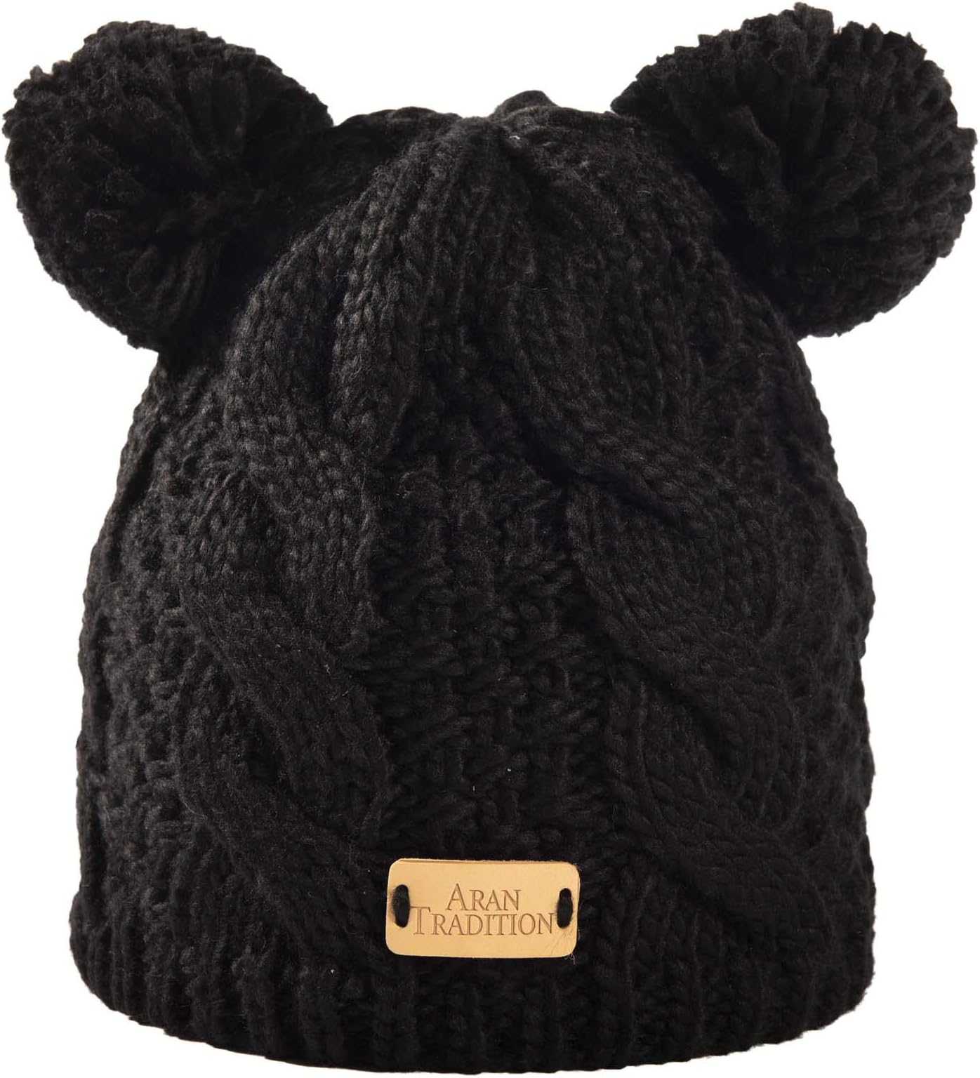 Aran Traditions Aran Cable Knit Double Pom Pom Beanie Hat (Black)
