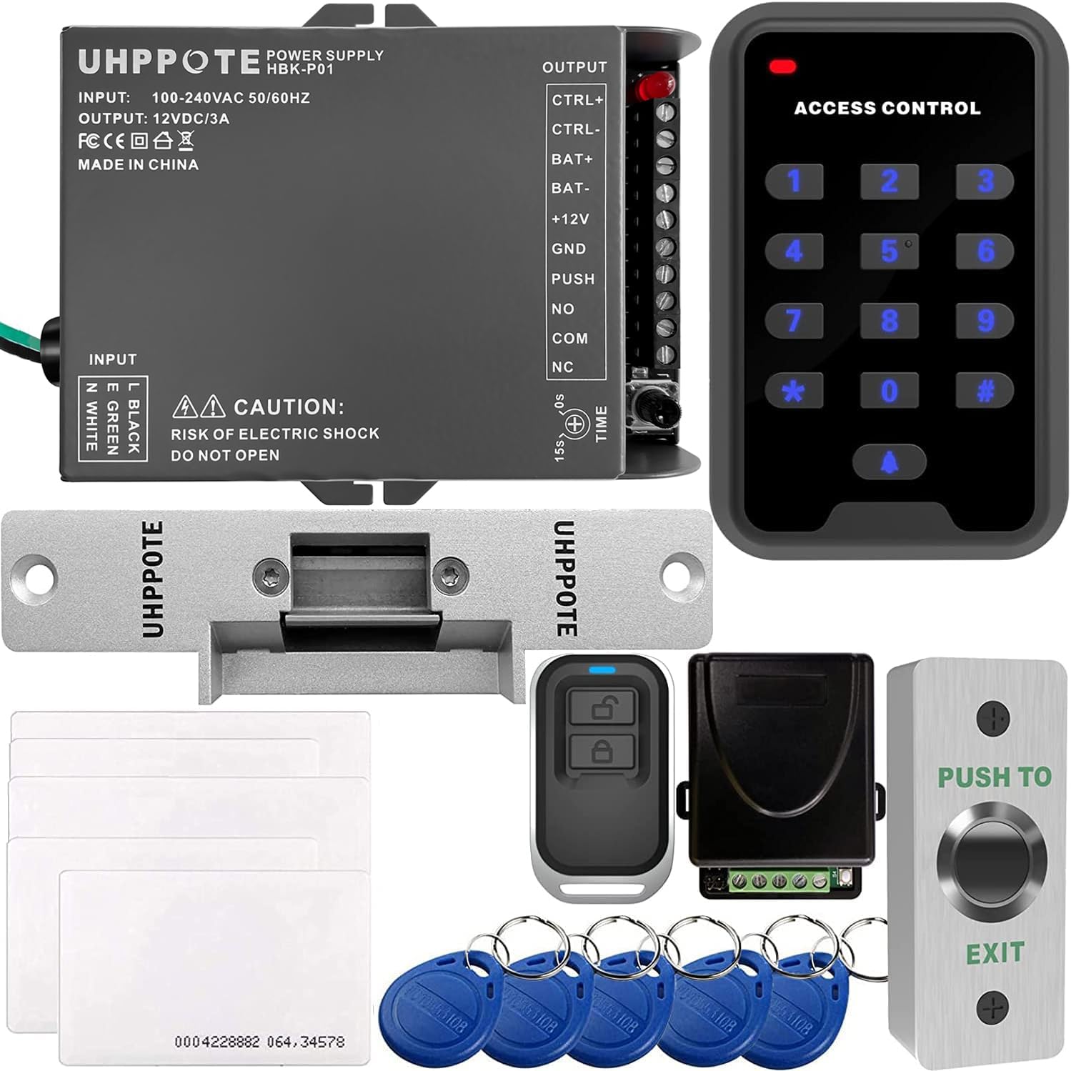 UHPPOTE 125KHz RFID EM ID Keypad Single Door Access Control Kit With Strike Lock Remote Exit Button