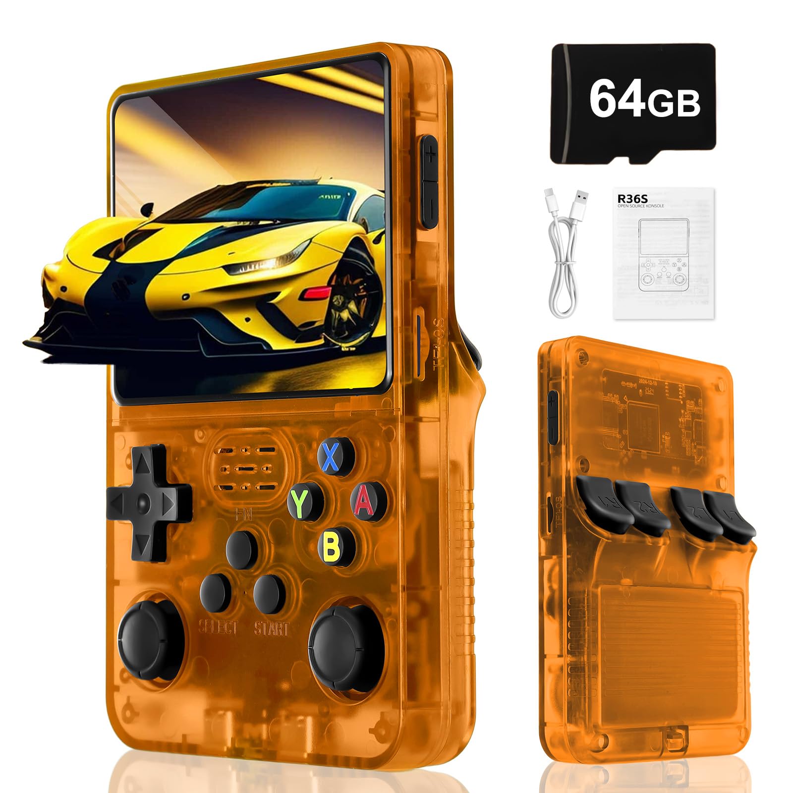 Blidinner R36S Retro Handheld Video Game Console -Linux System,3000mAh Battery,3.5 Inch Screen,64G TF Card,20000+ Classic Games,Portable Game Console for Present to Give Friends for Christmas-Orange