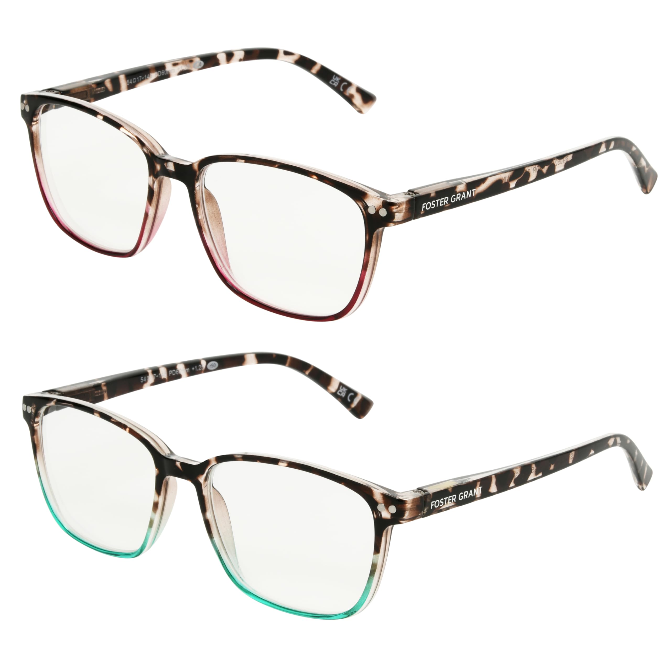 Photo 1 of ***MISSING PIECE*** Foster Grant Women's Kendall 2-Pack Square Reading Glasses, Tortoise/Wine, Tortoise/Teal, 42 mm, 2.5 Diopters